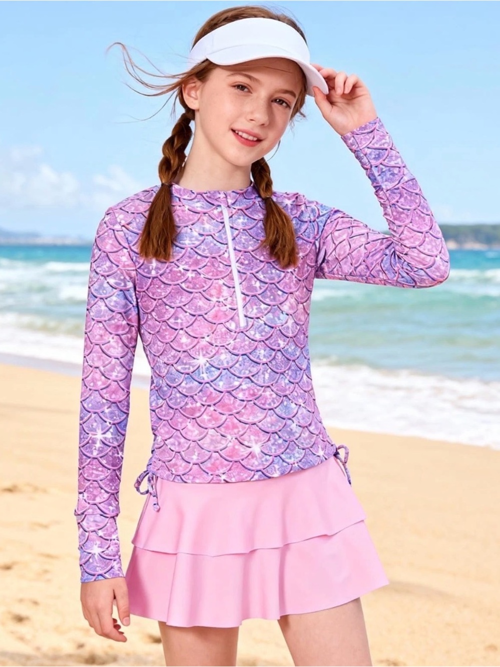 Girl Swimsuits 2pcs Long Sleeve Swim Rashguard Bathing Suit with Cover-ups Skirt